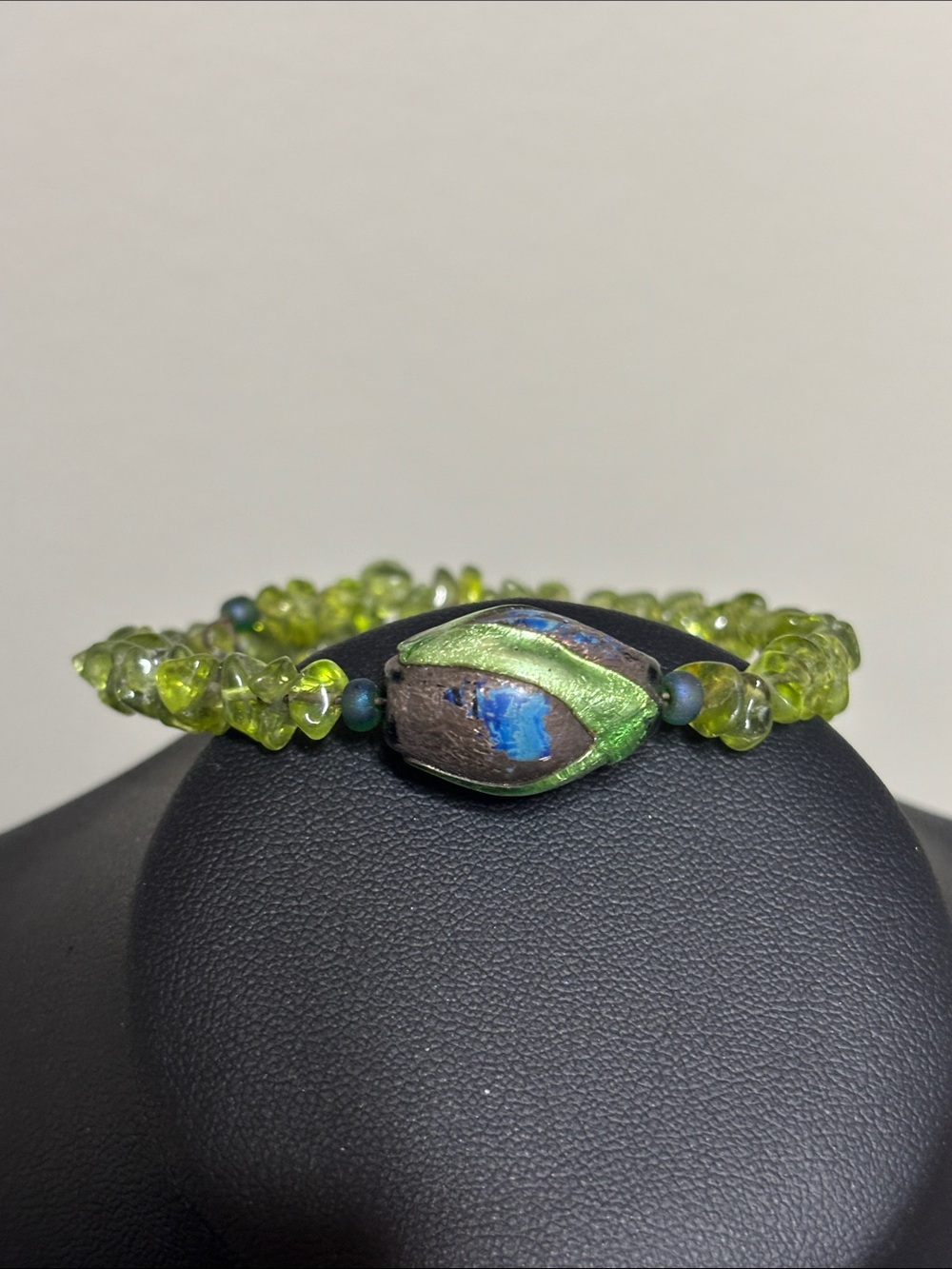 Vintage Handmade Green & Blue Painted Glass Bead One Size Wrap Bracelet